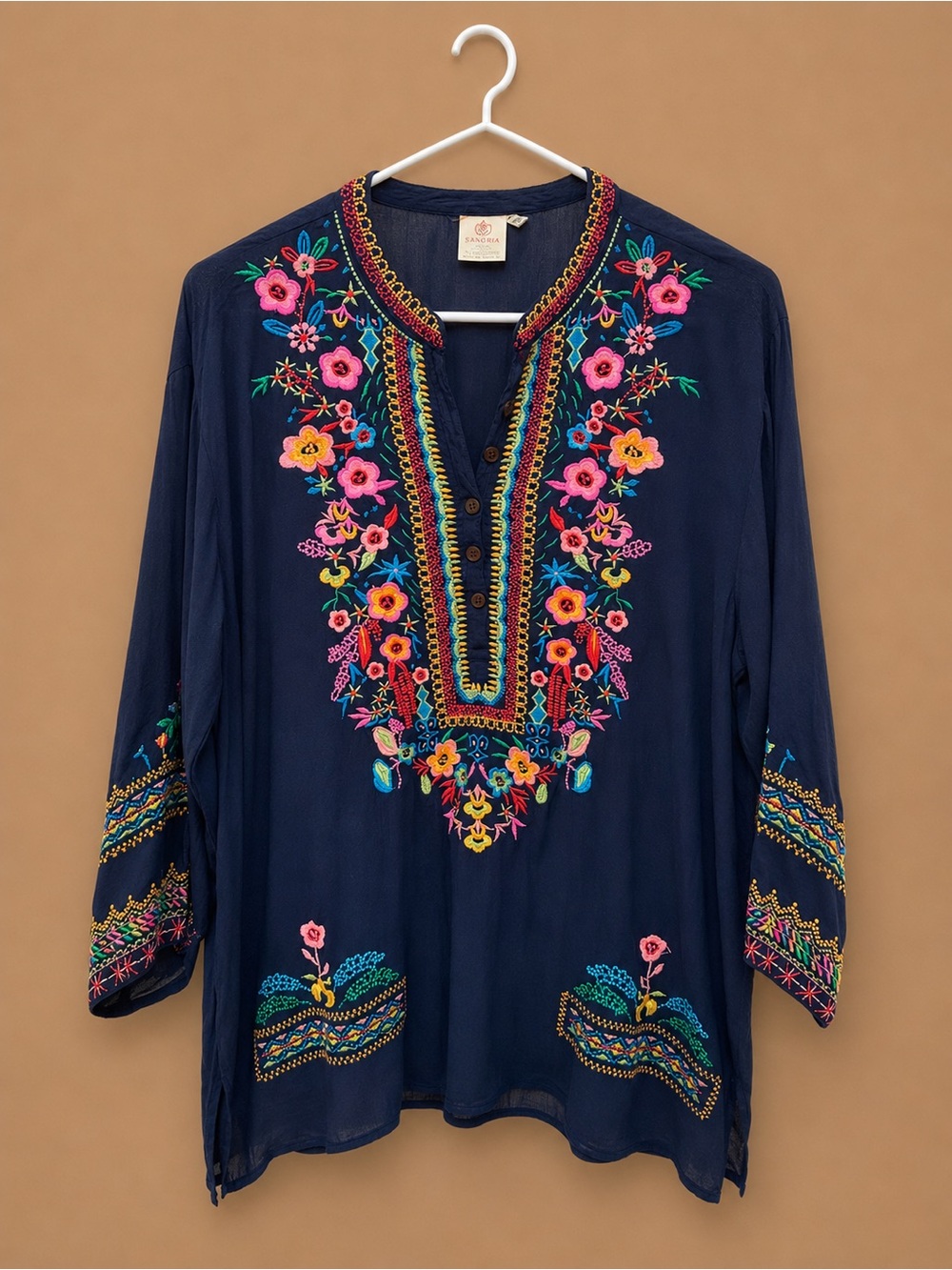 D.S. & Durga Navy Tunic with Bright Floral Embroidery